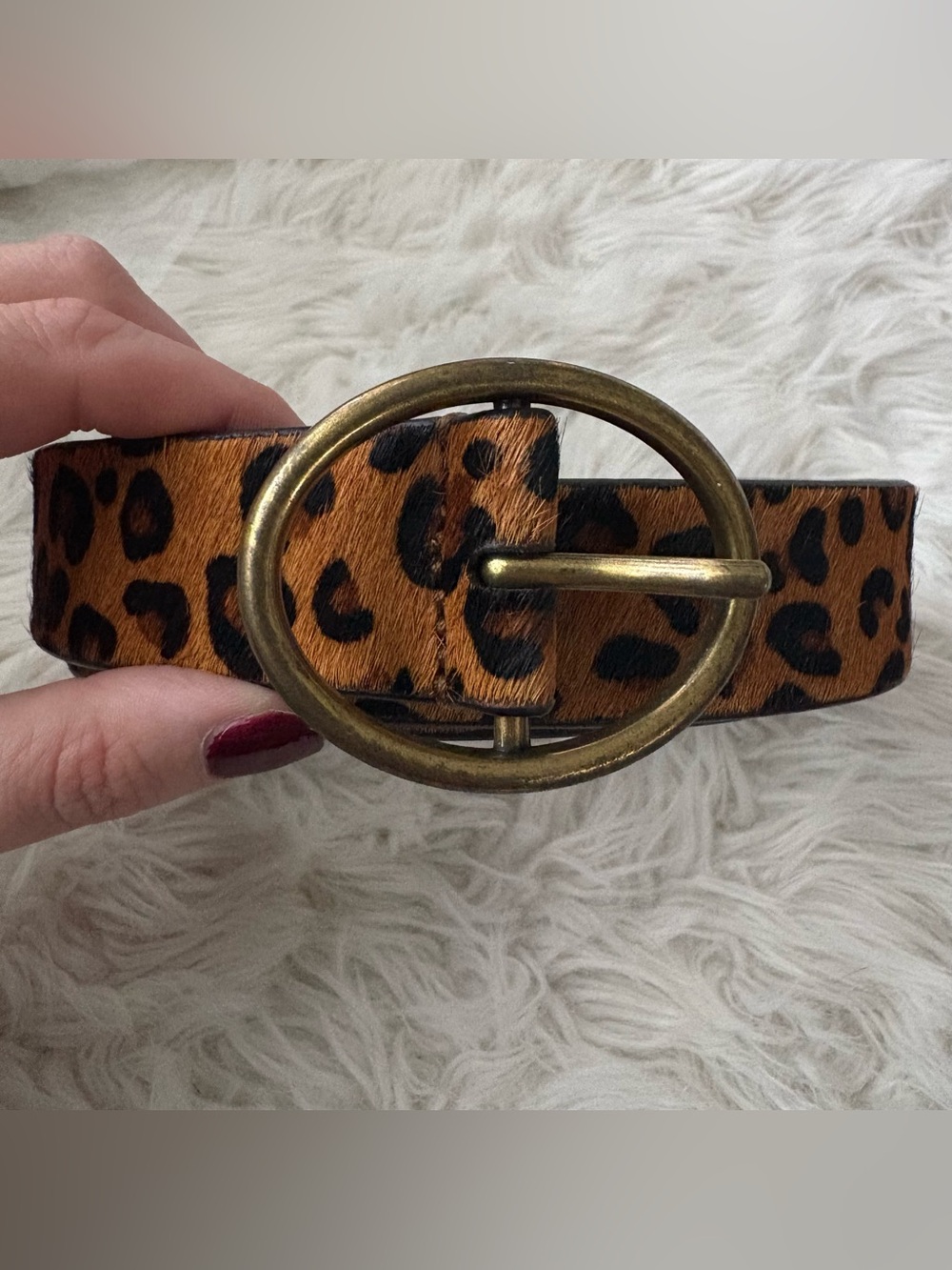 Lucky Brand Leopard Haircalf Belt with Brass Oval Buckle - Brown & Black